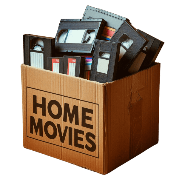 a cardboard box filled with vhs tapes